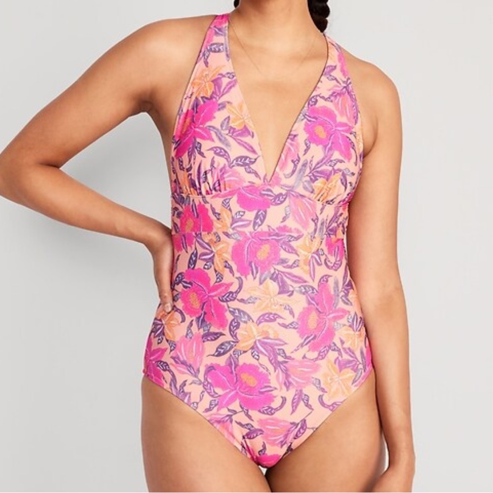 Old Navy V-Neck One-Piece Swimsuit in Peach Floral Print